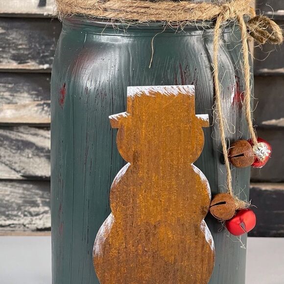 Hand-Painted Mason Jar, Merry Christmas, Tin Snowman, Snowflake, Bells, Green - Picture 4 of 4